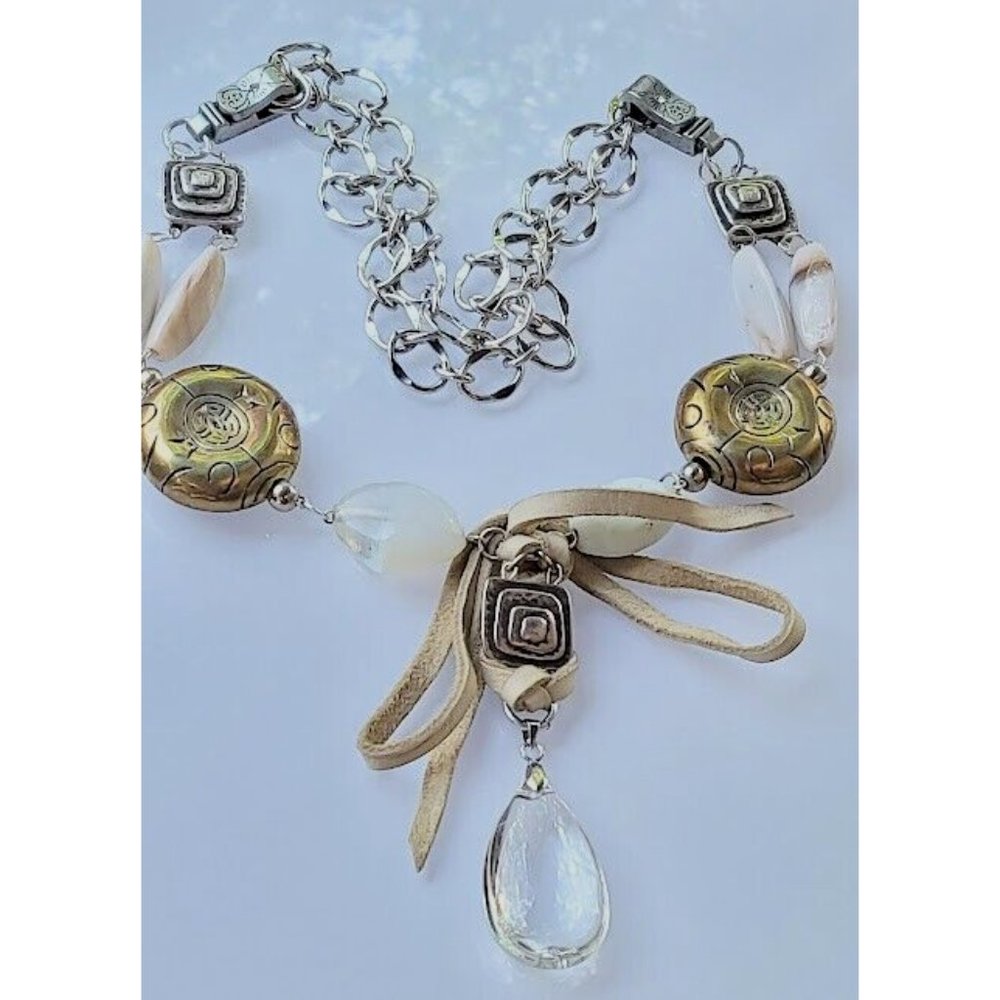 HANDMADE INDIGENOUS BEADED NECKLACE METAL CLEAR CRYSTAL STONE GENUINE LEATHER